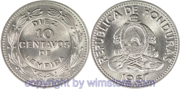 Honduras, 10 Centavos 1954 - 1993, KM 76.2, Ku/Ni
