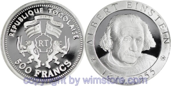 Togo, 500 Francs n.D., 100. Geburtstag von Albert Einstein, KM 19, Silber, PP, Kapsel