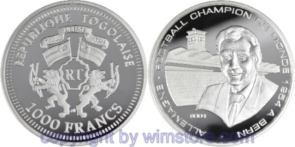 Togo, 1000 Francs 2001, V. Fußball WM 1954 in der Schweiz - Fritz Walter, KM 35, Silber, PP, Kapsel