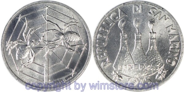 San Marino, 1 Lira 1975, Spinnen im Netz, KM 40, Aluminium, st