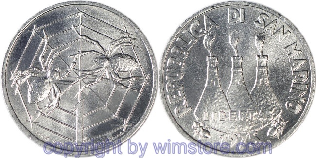 San Marino, 1 Lira 1975, Spinnen im Netz, KM 40, Aluminium, st