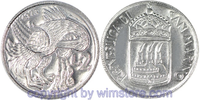 San Marino, 2 Lire 1973, Pelikan, KM 23, Aluminium, st
