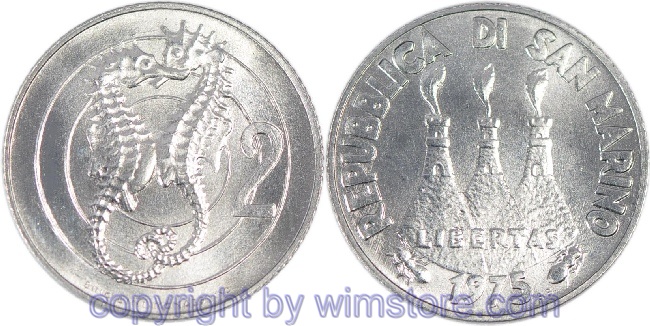 San Marino, 2 Lire 1975, Seepferdchen, KM 41, Aluminium, st
