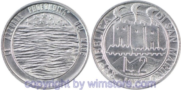 San Marino, 2 Lire 1977, Sterne über Meer, KM 64, Aluminium, st