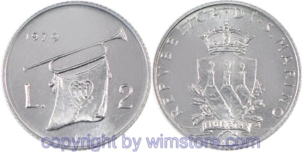 San Marino, 2 Lire 1979, Fanfare, KM 90, Aluminium, st
