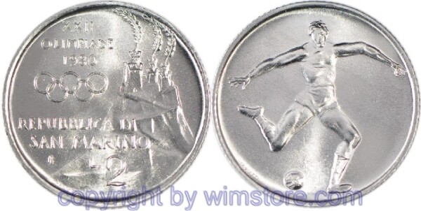 San Marino, 2 Lire 1980, Fußballspieler, KM 103, Aluminium, st