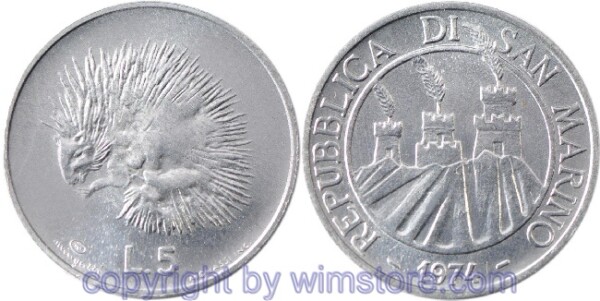 San Marino, 5 Lire 1974, Igel, KM 32, Aluminium, st
