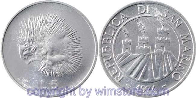s7219 San Marino, 5 Lire 1974, Igel, KM 32, Aluminium, st