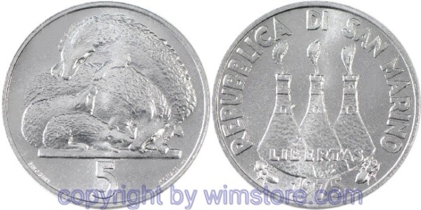 San Marino, 5 Lire 1975, Braunbrustigel, KM 42, Aluminium, st