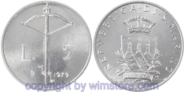 San Marino, 5 Lire 1979, Armbrust, KM 91, Aluminium, st