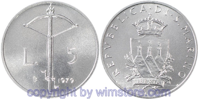 s7223 San Marino, 5 Lire 1979, Armbrust, KM 91, Aluminium, st