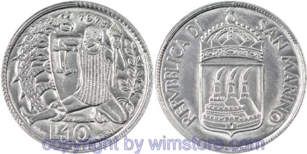 San Marino, 10 Lire 1973, Mann mit Speer und Schild drängt Drache zurück, KM 25, Aluminium, st