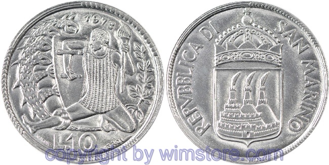 San Marino, 10 Lire 1973, Mann mit Speer und Schild drängt Drache zurück, KM 25, Aluminium, st