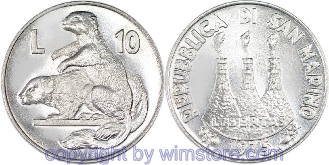 San Marino, 10 Lire 1975, Murmeltiere, KM 43, Aluminium, st
