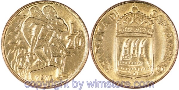San Marino, 20 Lire 1973, Mann rettet Greis und Kind aus Flammen, KM 26, Alu/Bro