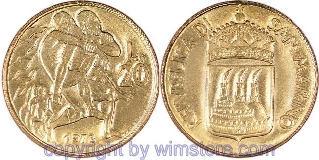 s7249 San Marino, 20 Lire 1973, Mann rettet Greis und Kind aus Flammen, KM 26, Alu/Bro