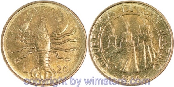 San Marino, 20 Lire 1974, Krebs, KM 34, Alu/Bro