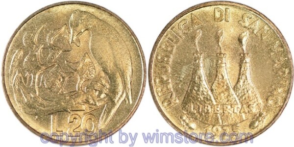 San Marino, 20 Lire 1975, Vogel beim Füttern, KM 44, Alu/Bro