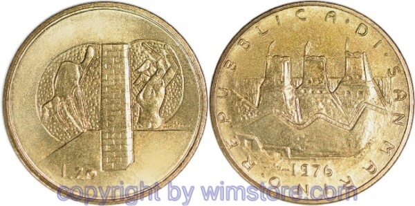 San Marino, 20 Lire 1976, zwei schützende Hände, KM 55, Alu/Bro