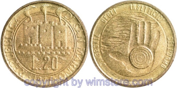 San Marino, 20 Lire 1977, Handfläche, KM 67, Alu/Bro