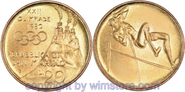 San Marino, 20 Lire 1980, Stabhochspringer, KM 106, Alu/Bro