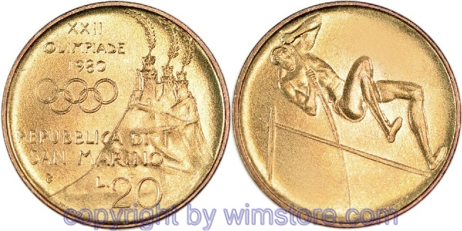 s7255 San Marino, 20 Lire 1980, Stabhochspringer, KM 106, Alu/Bro