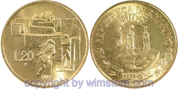 San Marino, 20 Lire 1982, Schutz der Wehrlosen und Verfolgten, KM 135, Alu/Bro