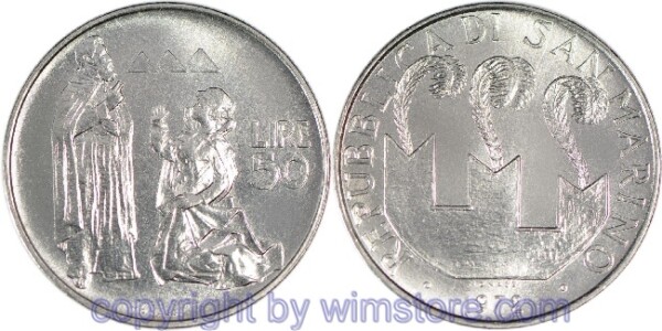 San Marino, 50 Lire 1972, Hl. Marinus mit seiner Frau, KM 19, Stahl, st