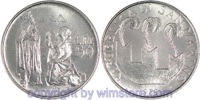 s7264 San Marino, 50 Lire 1972, Hl. Marinus mit seiner Frau, KM 19, Stahl, st