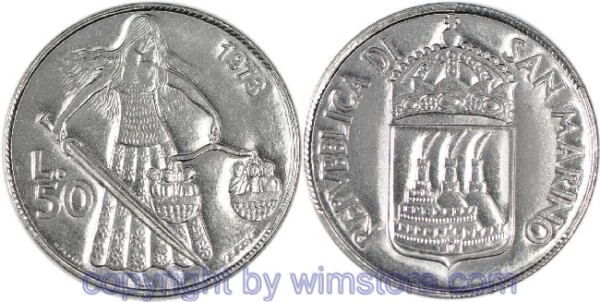 San Marino, 50 Lire 1973, Mädchen mit Schwert und Waage, KM 27, Stahl, st