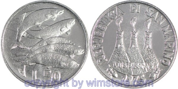 San Marino, 50 Lire 1975, Lachse, KM 45, Stahl, st