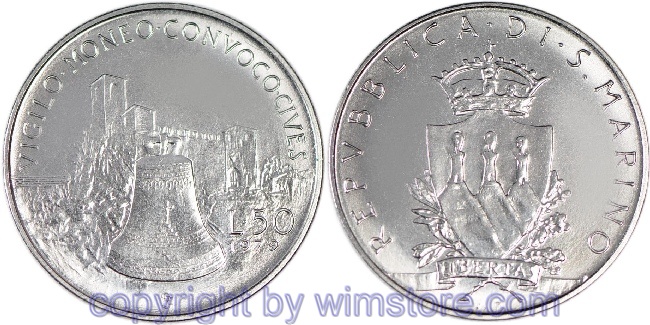 s7271 San Marino, 50 Lire 1979, Glocke, KM 94, Stahl, st
