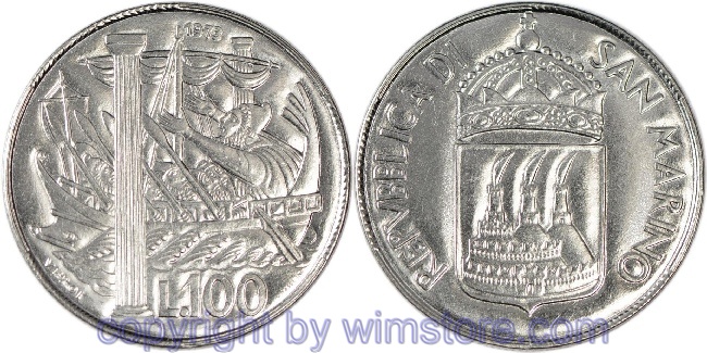 San Marino, 100 Lire 1973, Odysseus, Säulen des Hercules, KM 28, Stahl, st