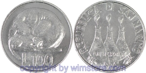 San Marino, 100 Lire 1975, Hund und Kateze, KM 46, Stahl, st