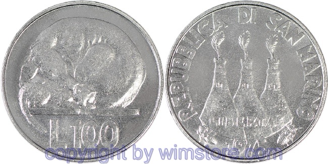 San Marino, 100 Lire 1975, Hund und Kateze, KM 46, Stahl, st