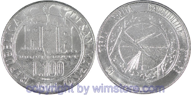 San Marino, 100 Lire 1977, Globus, Sterne, Giftnebel, KM 69, Stahl, st
