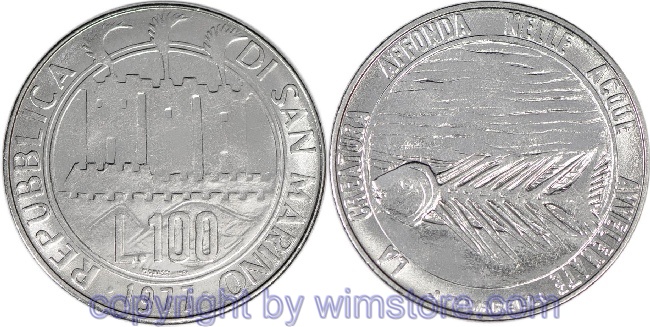 San Marino, 100 Lire 1977, Fischgräten im Giftwasser, KM 70, Stahl, st
