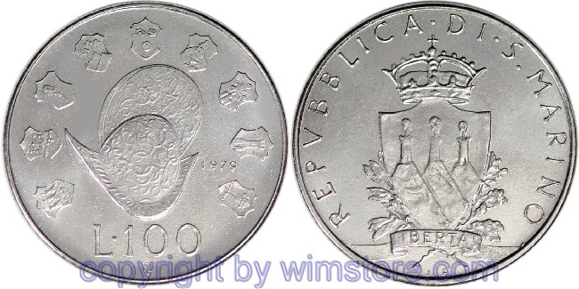 San Marino, 100 Lire 1979, Helm, KM 95, Stahl, st