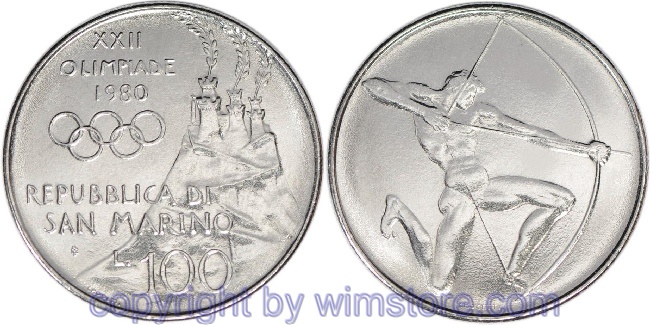 San Marino, 100 Lire 1980, Bogenschütze, KM 108, Stahl, st