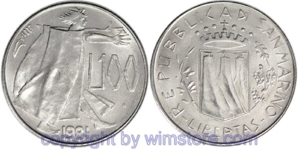 San Marino, 100 Lire 1981, Friede, schreitende Person mit ausgestrecktnen Armen, KM 122, Stahl, st