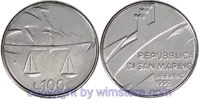 San Marino, 100 Lire 1990, 1690 Jahre Republik San Marino, KM 254, Stahl, st