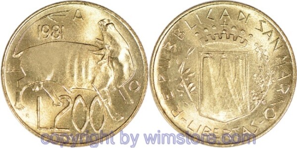 San Marino, 200 Lire 1981, Stier, KM 123, Alu/Bro