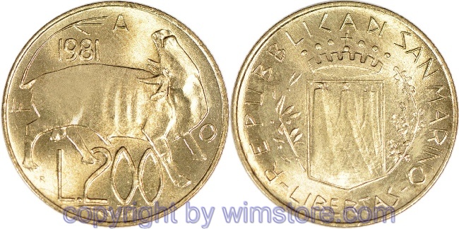 San Marino, 200 Lire 1981, Stier, KM 123, Alu/Bro