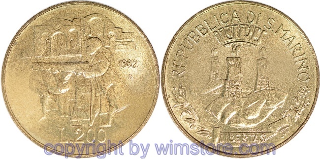 s7300 San Marino, 200 Lire 1982, Religionsfreiheit, KM 138, Alu/Bro