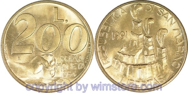 San Marino, 200 Lire 1991, Prägung der ersten Münze 1864, KM 268, Alu/Bro