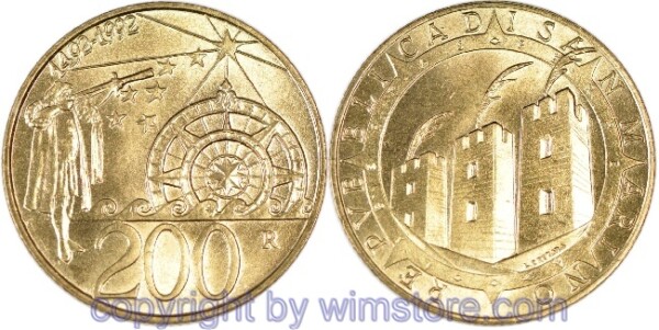 San Marino, 200 Lire 1992, Kolumbus beim Anpeilen des Polarsterns, KM 285, Alu/Bro