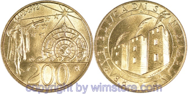 s7307 San Marino, 200 Lire 1992, Kolumbus beim Anpeilen des Polarsterns, KM 285, Alu/Bro