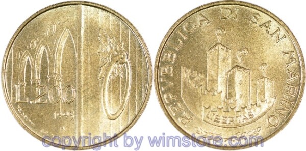 San Marino, 200 Lire 1993, Geöffnetes Tor als Zeichen der Gastfreundschaft,  KM 300, Alu/Bro