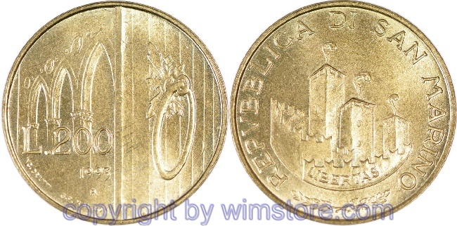s7309 San Marino, 200 Lire 1993, Geöffnetes Tor als Zeichen der Gastfreundschaft,  KM 300, Alu/Bro