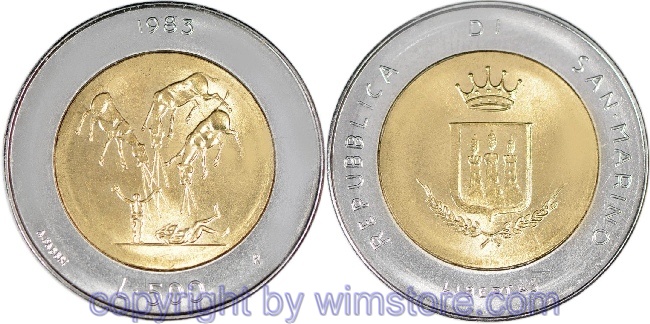 San Marino, 500 Lire 1983, Atomkriegbedrohung, KM 153, Bi-Metall
